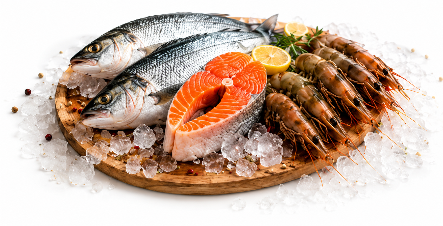 Fresh seafood platter with fish, salmon and prawns on ice